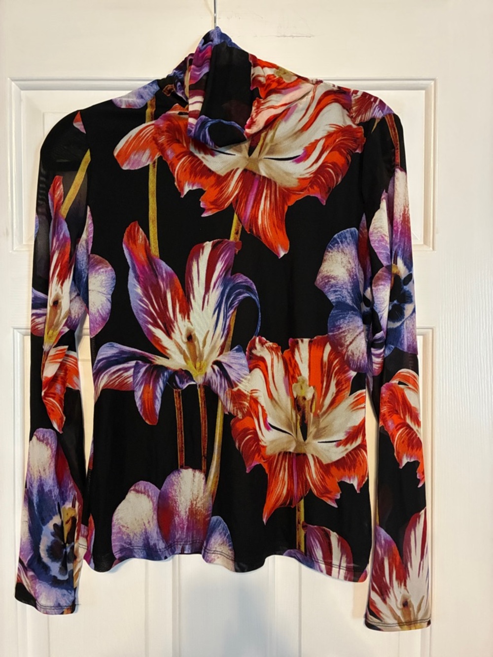 Black Floral Long-Sleeve Women's Top with Red & Purple Blooms